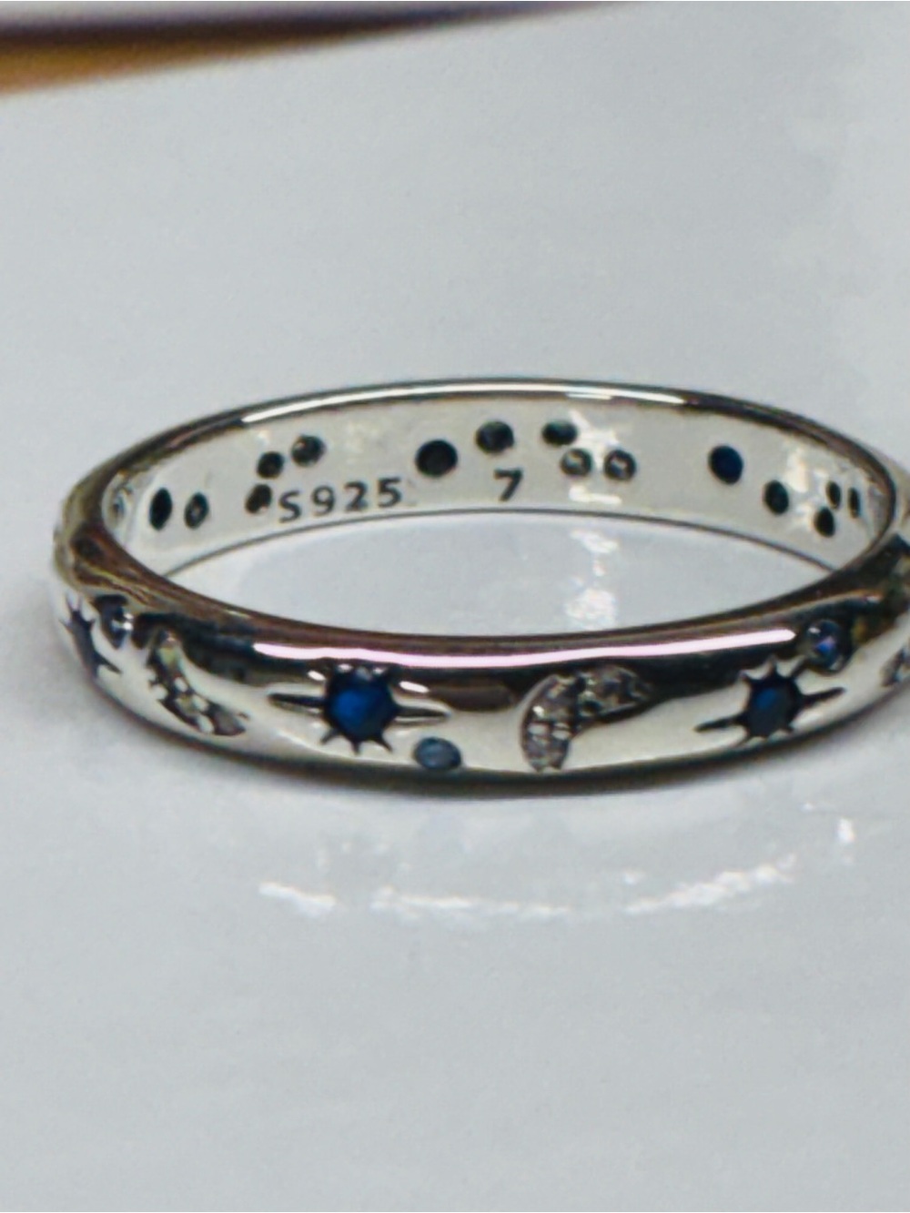 Sterling Silver Celestial Band Ring with Blue Accents - Size 7